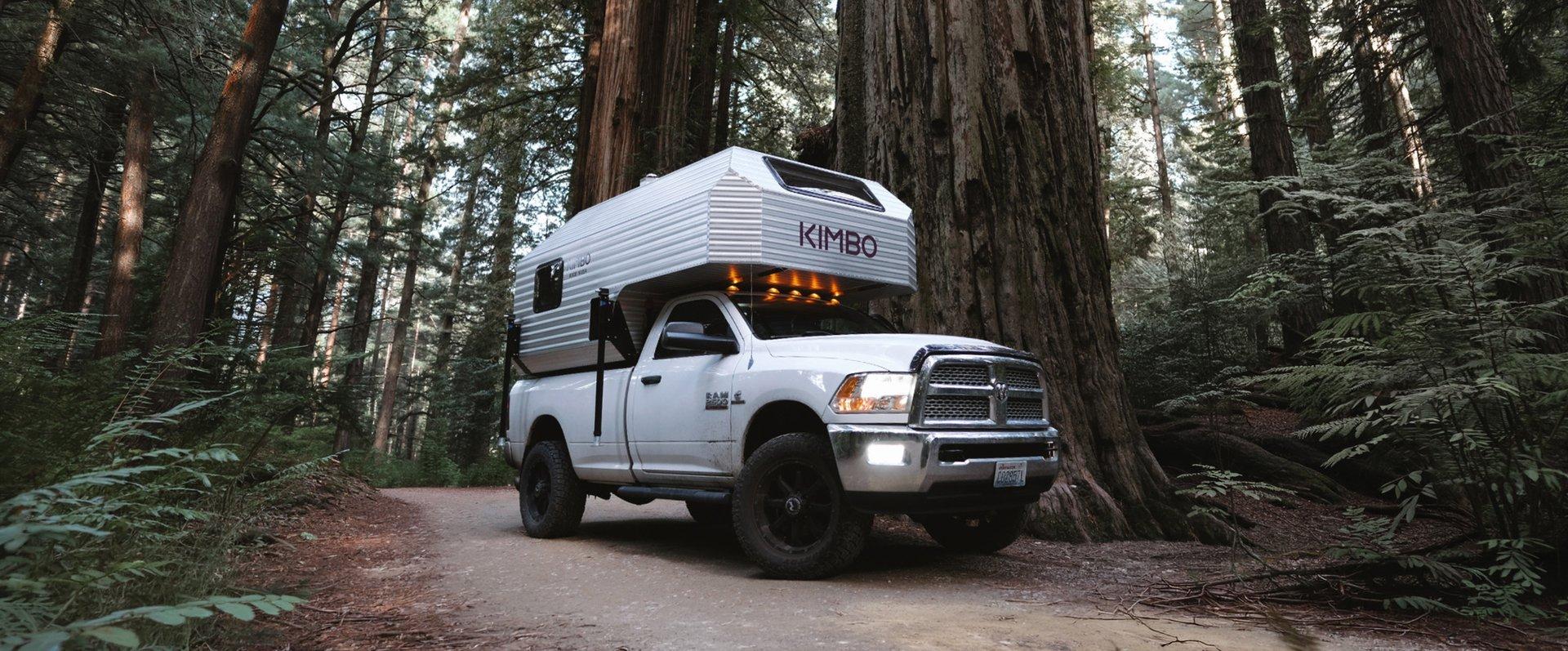 White Dodge Ram 2500 with the Kimbo 8 hand-riveted aluminum truck bed camper parked on a forest road beneath the towering coastal redwoods of northern California — wide three-quarter view showing the full sweep of redwood trunks, ferns at the road edge, and the Kimbo cabover-cap logo visible above the cab.